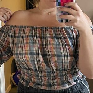 American Eagle Outfitters Pink Multi Plaid Off-Shoulder Crop Top